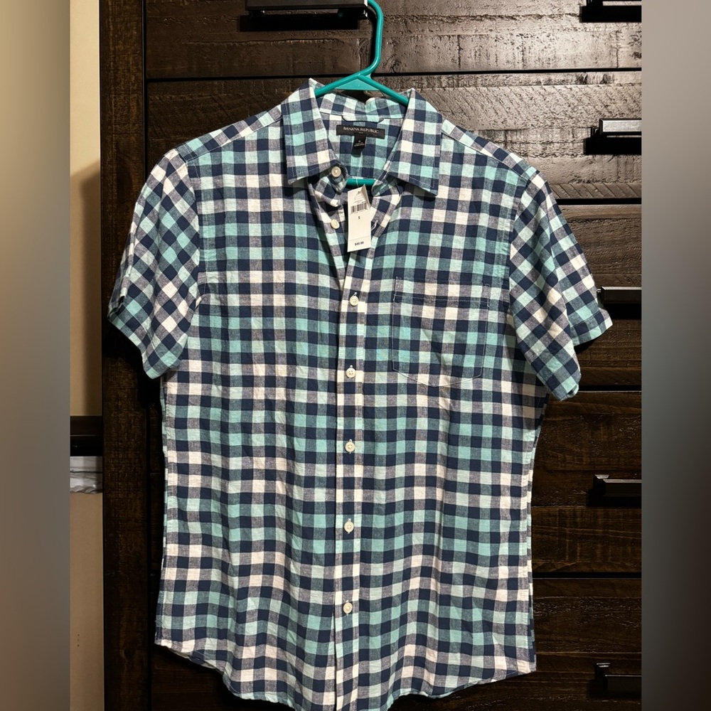 Banana Republic Plaid Button Down Short Sleeve Shirt Teal Blue green - Picture 6 of 7